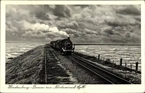 Ak Insel Sylt, Hindenburg-Damm, Dampflok