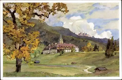 Künstler Ak Elmau Krün in Oberbayern, Schloss von Westen