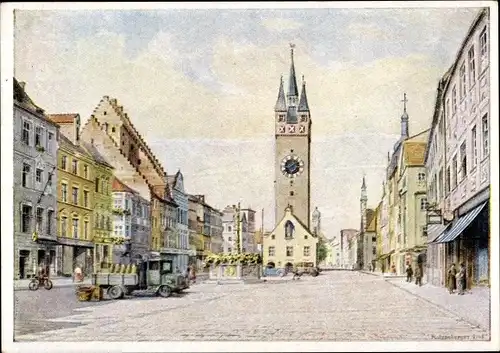 Künstler Ak Katzenberger, Straubing an der Donau Niederbayern, Ludwigsplatz, Turm, Uhr, LKW, Fahrrad