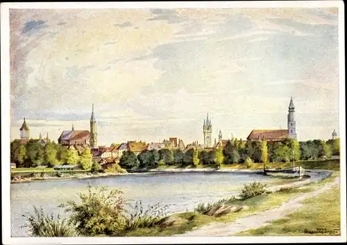 Künstler Ak Katzenberger, Straubing an der Donau Niederbayern, Teilansicht