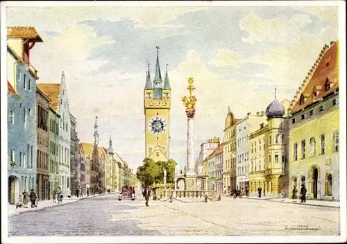 Künstler Ak Katzenberger, Straubing, Theresienplatz, Dreifaltigkeitssäule