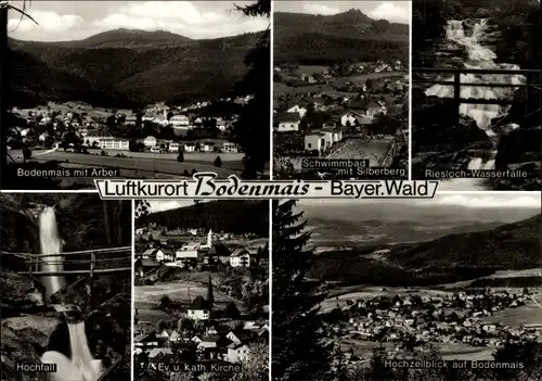 Ak Bodenmais in Niederbayern, Schwimmbad, Silberberg, Riesloch-Wasserfälle, Hochzellblick, Hochfall