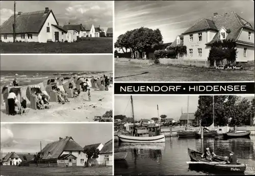 Ak Neuendorf auf der Insel Hiddensee, Strand, Ruderboote, Hafen, Hotel am Meer