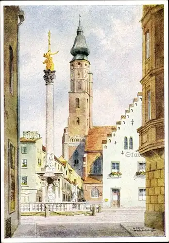 Künstler Ak Katzenberger, Straubing an der Donau, Stiftskirche St. Jakob, Dreifaltigkeitssäule