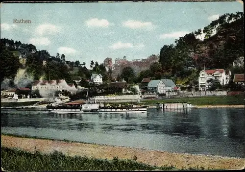 Ak Rathen an der Elbe Sächsische Schweiz, Teilansicht, Dampfer
