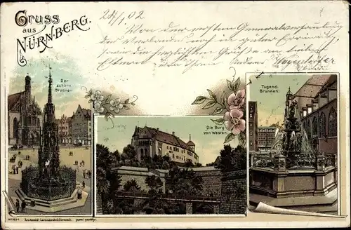 Litho Nürnberg in Mittelfranken, Schöner Brunnen, Burg von Westen, Tugendbrunnen