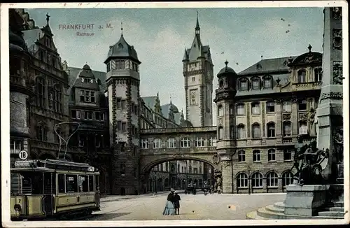 Ak Frankfurt am Main, Straßenbahn am Rathaus, Denkmal