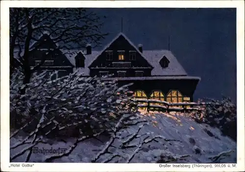 Künstler Ak Bahndorf, Heribert, Brotterode Thüringen, Großer Inselsberg, Hotel Gotha, Nacht, Winter