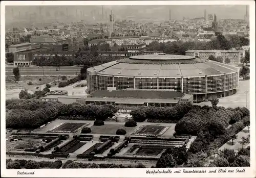 Ak Dortmund im Ruhrgebiet, Westfalenhalle, Rosenterrasse, Stadtblick