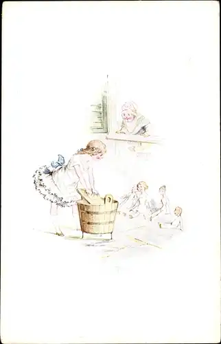Künstler Ak Tornaghi, Serie Pinocchio, Puppen, Mädchen beim Waschen