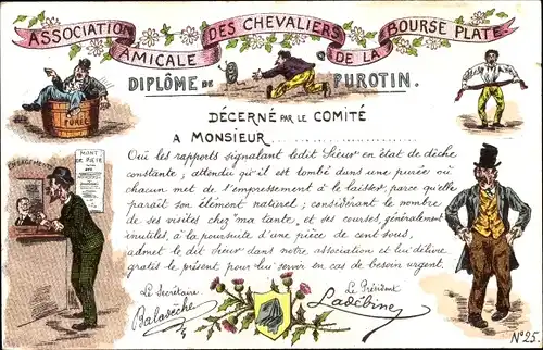 Ak Association Amicale des Chevaliers de la Bourse Plate, Diplom von Purotin