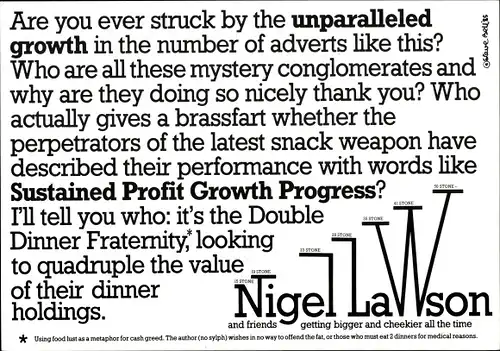 Ak Maggie's Farm Nr. 8, Steve Bell, Essenslust als Metapher für Geldgier nutzen, Nigel Lawson