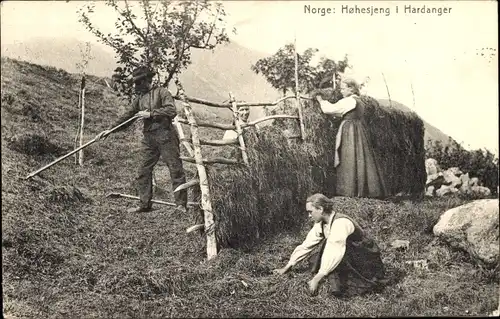 Ak Hardanger Norwegen, Høhesjeng, Bauern hängen Heu auf