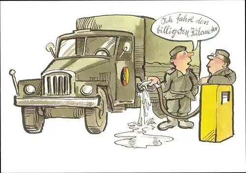 Künstler Ak Muzeniek, Peter, Ich fahre den billigsten Kilometer, NVA LKW, Nationale Volksarmee