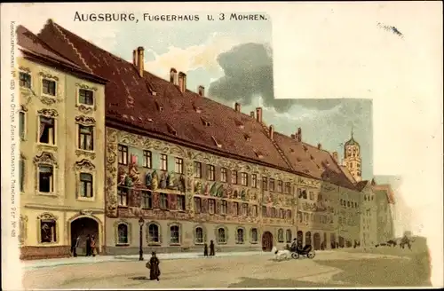 Litho Augsburg in Schwaben, Fuggerhaus und 3 Mohren