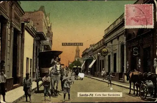 Ak Santa Fé Argentinien, Calle San Gerónimo, Kutsche, Geschäfte