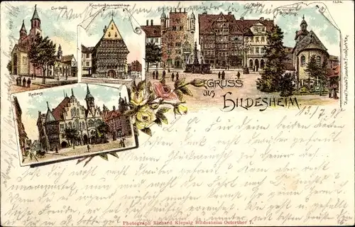 Litho Hildesheim in Niedersachsen, Dom, Rathaus, Knochenhaueramtshaus, Markt, Rosenstock