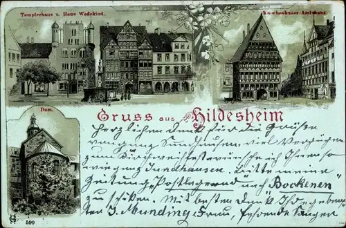 Litho Hildesheim in Niedersachsen, Dom, Templerhaus, Knochenhaueramtshaus, Haus Wedekind