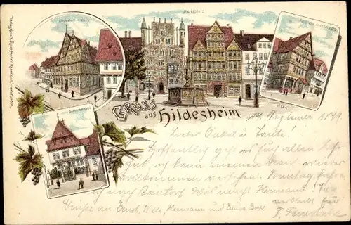 Litho Hildesheim Leine, Markt, Domschenke, Andreasplatz