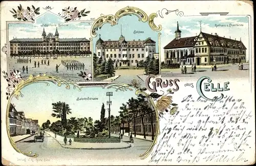 Litho Celle in Niedersachsen, Infanteriekaserne, Schloss, Rathaus, Bahnhofstraße