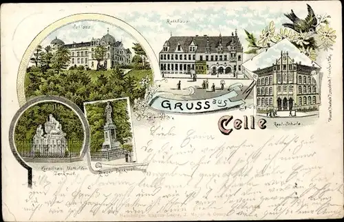 Litho Celle in Niedersachsen, Realschule, Karolinen Mathilden Denkmal, Kriegerdenkmal, Schloss