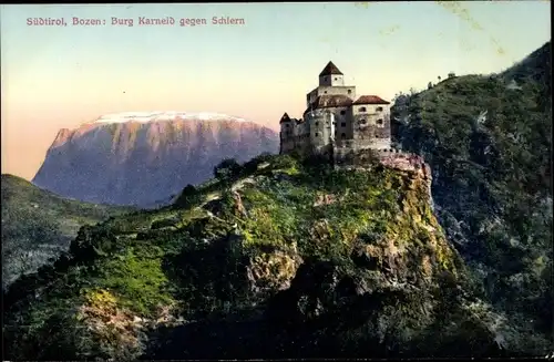 Ak Bozen Bolzano Südtirol, Burg Karneid gegen Schlern