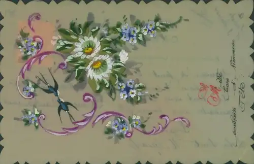 Zelluloid Ak Blumen, Schwalben, Margeriten, Vergissmeinnicht, Kitsch