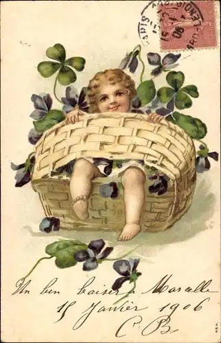 Präge Ak Mädchen, Blumenkorb, Veilchen