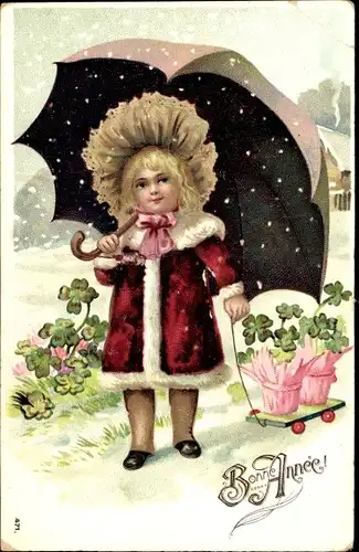 Präge Ak Glückwunsch Neujahr, Mädchen unter einem Schirm, Glücksklee