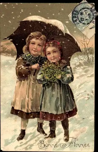 Präge Ak Glückwunsch Neujahr, Zwei Mädchen unter einem Schirm