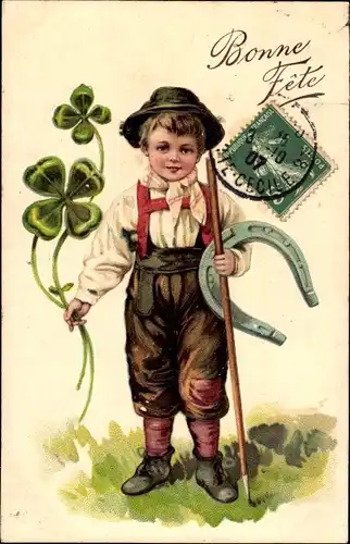 Präge Ak Glückwunsch, Junge, Hufeisen, Kleeblätter