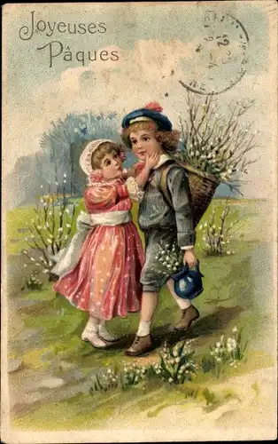 Präge Ak Glückwunsch Ostern, Kinder, Wiese, Weidenkätzchen