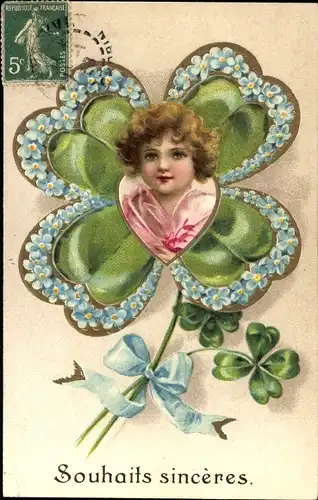 Ak Mädchen-Portrait, Glücksklee, Vergissmeinnicht, Kitsch