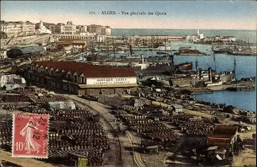 Ak Alger Algerien, Vue generale des Quais, Blick in den Hafen, Fässer