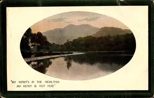 Passepartout Ak Schottland, Highlands, See, Berge, Zitat