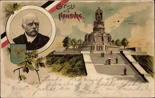 Litho Hamburg Altona, Bismarckdenkmal, Portrait Bismarcks, Wappen