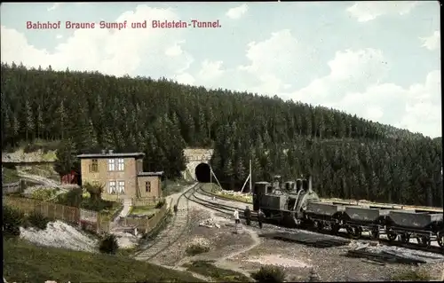 Ak Blankenburg am Harz, Bahnhof Braune Sumpf und Bielsteintunnel, Harz Zahnradbahn