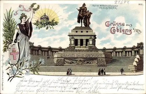 Litho Koblenz am Rhein, Kaiser Wilhelm Denkmal I. am deutschen Eck