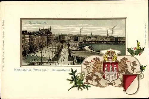 Präge Wappen Litho Hamburg Mitte Neustadt, Alsterpavillon, Jungfernstieg