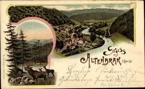 Litho Altenbrak Thale im Harz, Ort mit Umgebung, Hirsch, Rehe