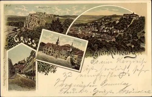 Litho Blankenburg am Harz, Regenstein, Rathaus, Tränkerstraße, Panorama vom Ort