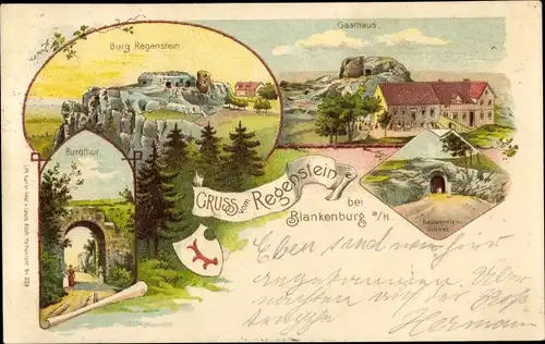 Litho Blankenburg am Harz, Burg Regenstein, Gasthof, Burgtor, Raubgrafentunnel