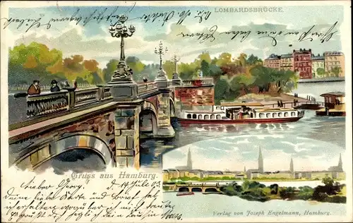 Künstler Litho Hamburg Mitte Neustadt, Partie an der Lombardsbrücke, Schiff, Fußgänger