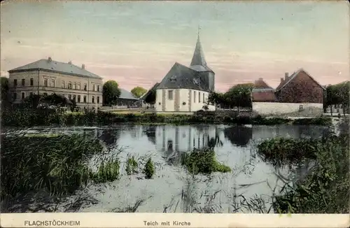 Ak Flachstöckheim Salzgitter in Niedersachsen, Teich mit Kirche