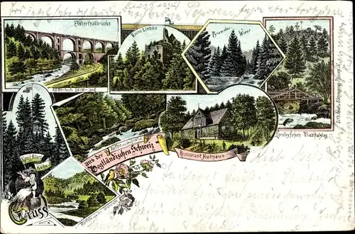 Litho Pöhl Vogtland, Elstertalbrücke, Ruine Liebau, König Albert Höhe, Restaurant Huthaus