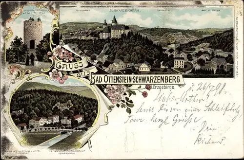 Litho Schwarzenberg im Erzgebirge Sachsen, Aussichtsturm auf dem Ottenstein, Naturheilanstalt