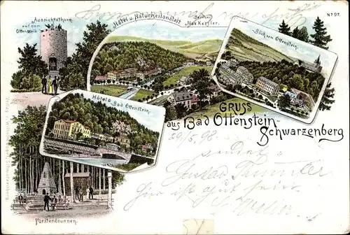 Litho Schwarzenberg im Erzgebirge Sachsen, Aussichtsturm auf dem Ottenstein, Heilanstalt von Kessler