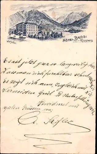 Vorläufer Litho Klosters Platz Kt. Graubünden Schweiz, Hotel Brosi