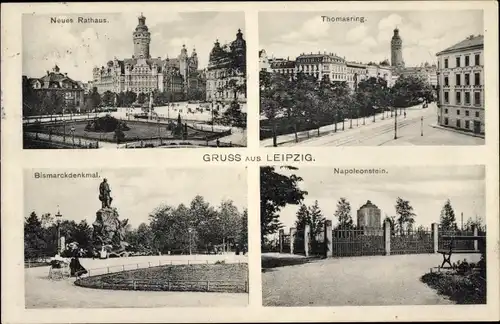 Ak Leipzig in Sachsen, Neues Rathaus, Thomasring, Bismarckdenkmal, Napoleonstein