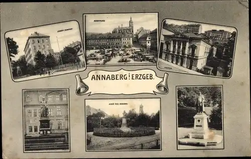 Ak Annaberg Buchholz im Erzgebirge, Marktplatz, Theater, Lehrerseminar, Denkmal